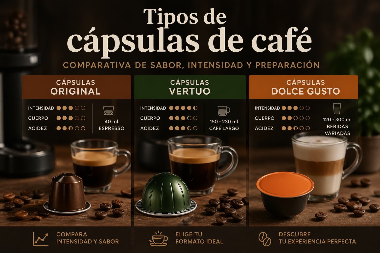 Comparativa de cápsulas de café con intensidad, cuerpo y acidez en sistemas Original, Vertuo y Dolce Gusto.